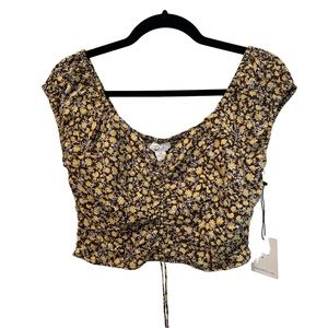 Japna Floral Cinched Front Smocked Back Cropped Top Brown Yellow SZ M NWT
